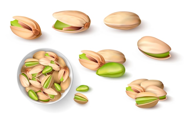 벡터 껍질에 있는 현실적인 피스타치오 3d 구운 녹색 너트 패키지 디자인이나 건강 식품 광고를 위한 확대 모형 격리된 채식주의 건강 스낵 유기농 식물 껍질을 벗기지 않은 씨앗 벡터 피스타치 세트