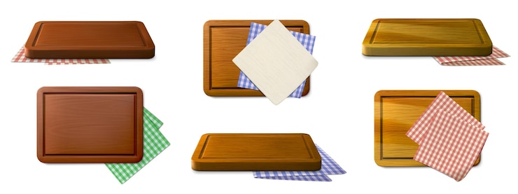 Vector realistic pizza board with napkins wooden rectangular cutting and chopping boards and plaid tablecloth 3d wood tray and table cloth with gingham pattern vector set