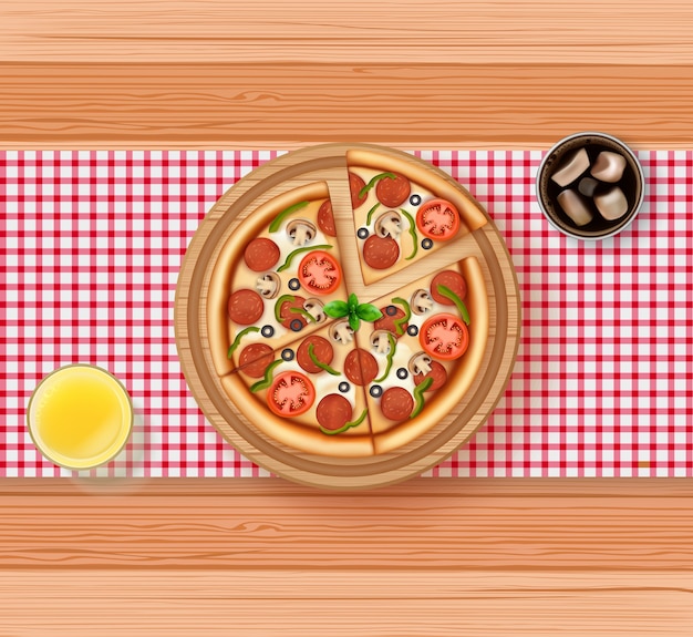 Vettore realistico di pizza, succo d'arancia e cola sul tavolo di legno