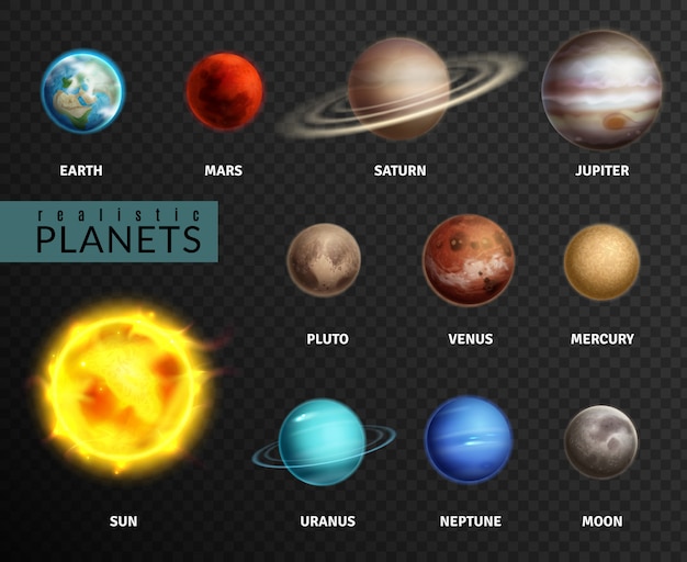 Realistic planets. Solar system planet space universe galaxy sun moon saturn mercury jupiter venus comet uranus pluto, isolated