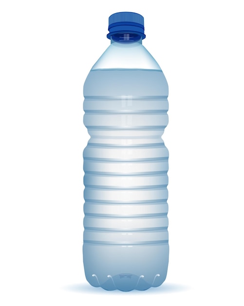 Realistic plastic bottle with water with close blue cap on white background