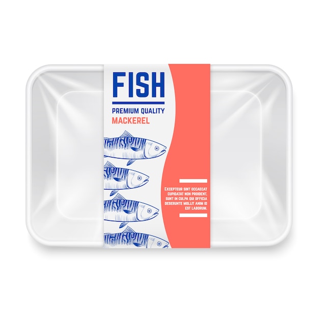 Realistic plastic container with hand drawn mackerel fish label  