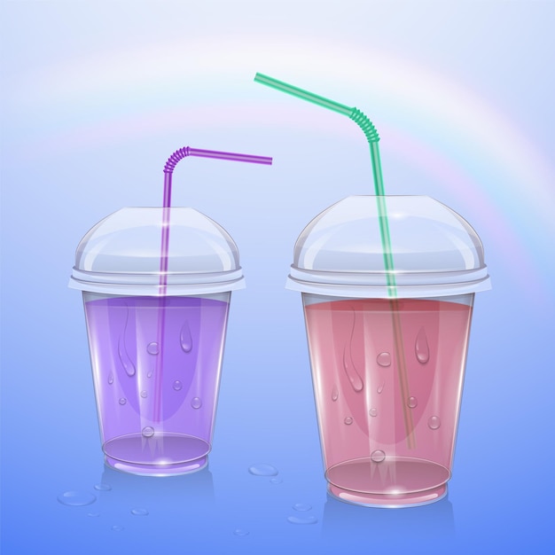 Realistico bicchiere di plastica con succo, illustrazione