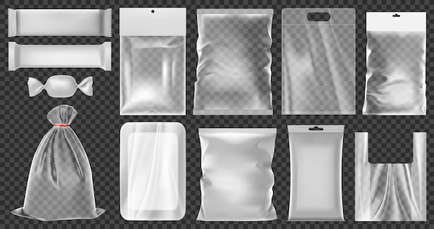 Vector realistic plastic package. empty vacuum plastic containers, clean polythene food packaging illustration set