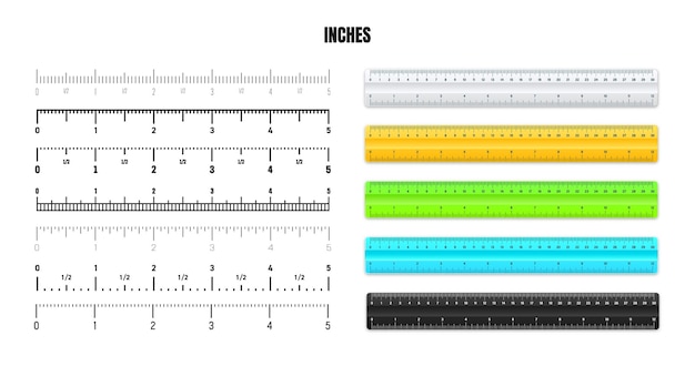 Realistic plastic rulers with black inch scale for measuring length or height various measurement