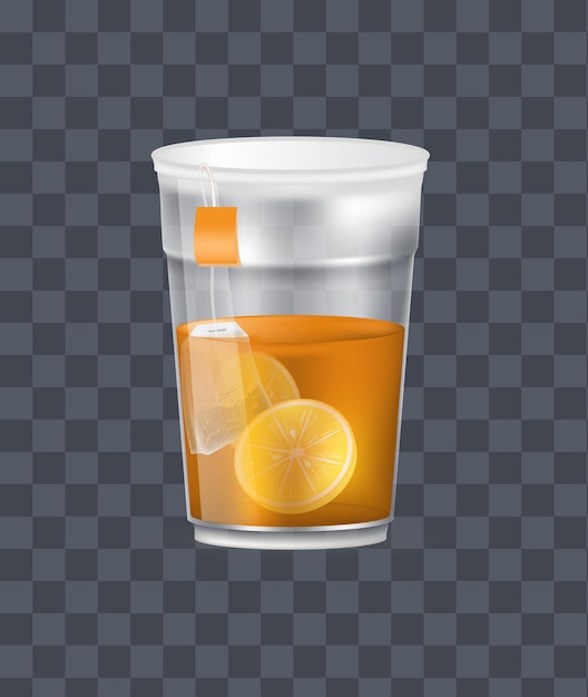 Вектор Реалистичная пластиковая прозрачная чашка с горячим свежим черным чаем с пирамидальным чайным пакетиком и лимоном