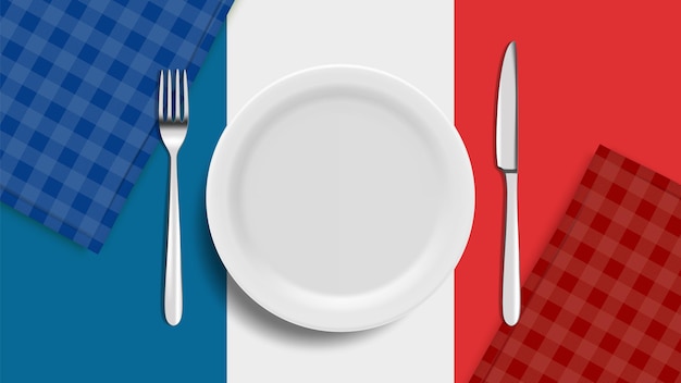 Vettore piatto realistico. insegna di cucina francese, forchetta e coltello bianchi in bianco del piatto. bandiera della francia, modello del manifesto di vettore di ristorante o caffè. illustrazione della cucina francese, piatto per la cena, design del menu banner