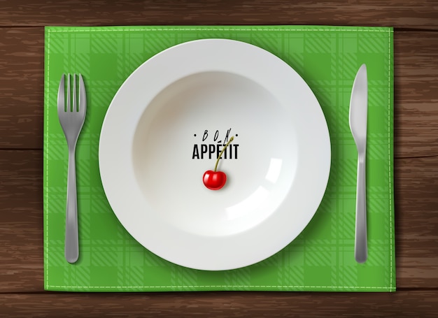 Realistic plate serving white clean plate on wooden table