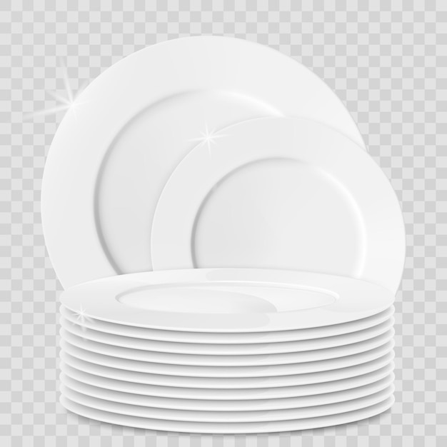 Вектор Реалистичная стопка тарелок и миски. чистая посуда, сложенная кухонная посуда. стопка чистой вымытой еды.