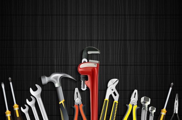 Vector realistic of plumber tools set on wooden background