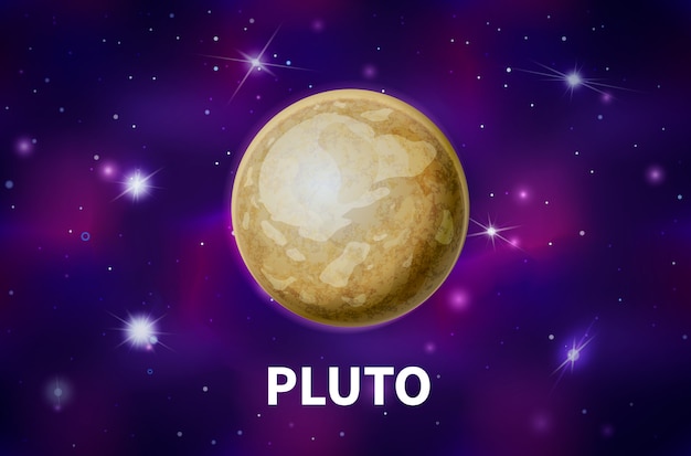 Realistic pluto planet on colorful deep space background with bright stars and constellations