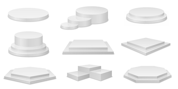 現実的な表彰台 3 d 幾何学的なステージ サークル空の白いスタンド ショールーム モックアップ プレゼンテーションまたは勝者表彰台 ステップ正確なベクトルを設定した台座