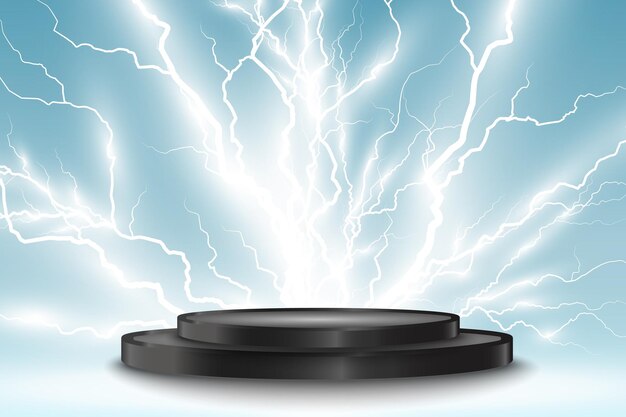 Realistic podium illustration. lightning strikes the pedestal.