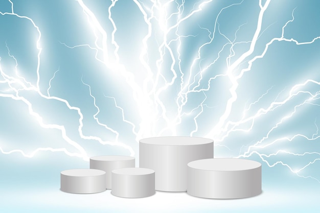 realistic podium illustration. lightning strikes the pedestal.