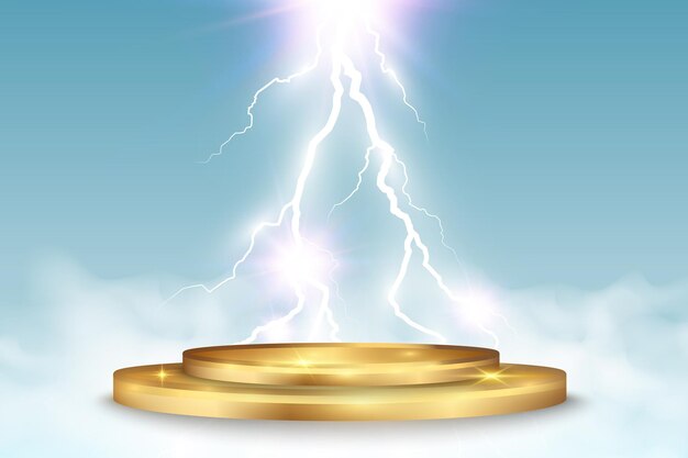 Realistic podium illustration. Lightning strikes the pedestal.