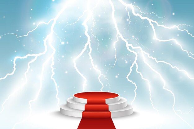 Realistic podium illustration. Lightning strikes the pedestal.