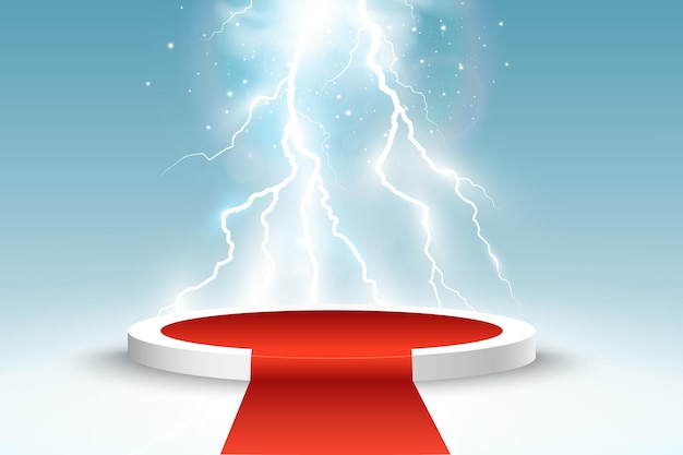 Realistic podium illustration. Lightning strikes the pedestal.