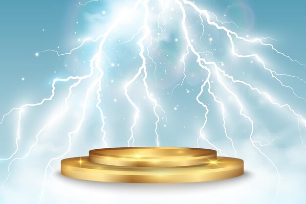 realistic podium illustration. lightning strikes the pedestal.