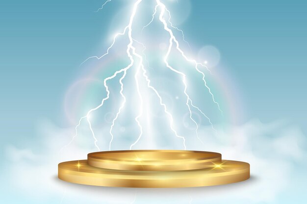 Realistic podium illustration. Lightning strikes the pedestal.