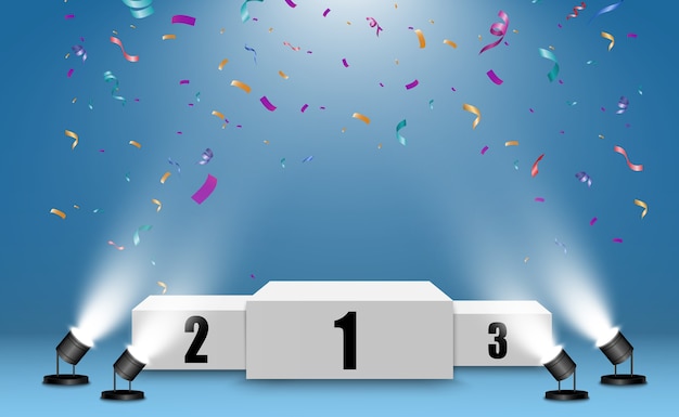 Realistic podium or winners platform. Pedestal with confetti on a white background.