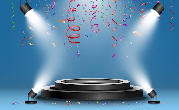 Realistic podium or winners platform. Pedestal with confetti on a white background.