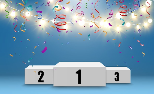 Realistic podium or winners platform. Pedestal with confetti on a white background.