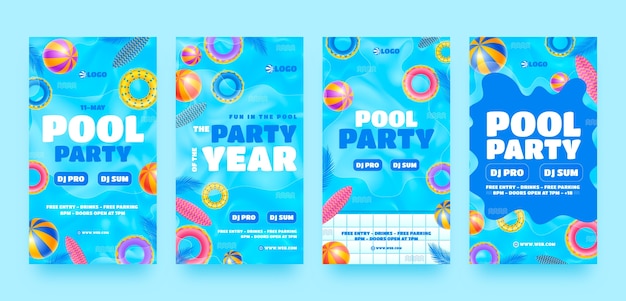 Vector realistic pool party colorful instagram stories