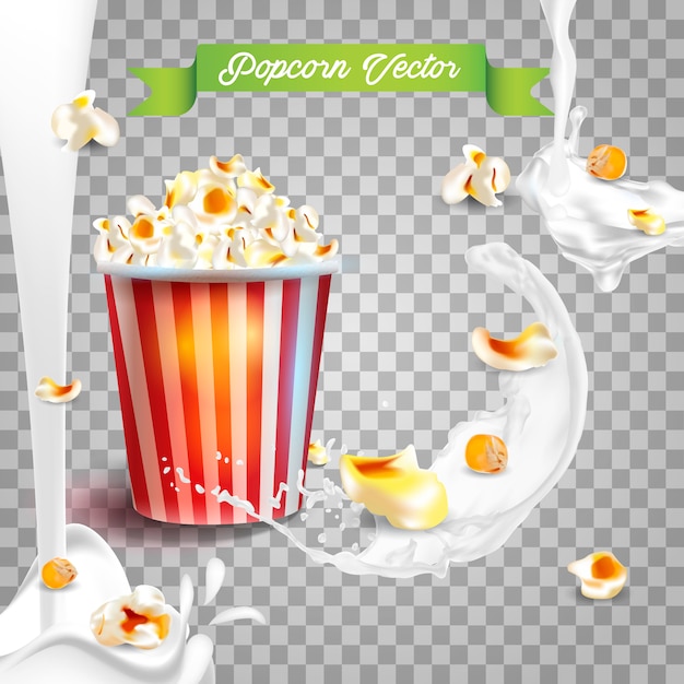 Popcorn realistico in spruzzi di latte.