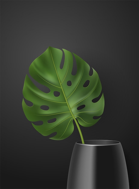 Poster realistico con foglia verde tropicale in vaso su sfondo scuro. illustrazione botanica con monstera per interni, decorazioni per la casa, pubblicità, carta da parati, carta, banner, web.