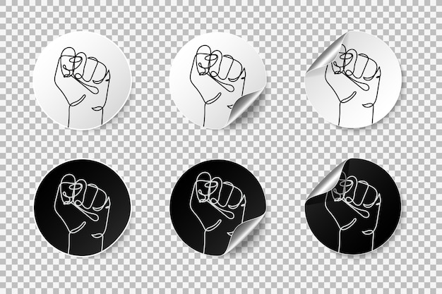 Realistic protest round stickers with curled edge and shadow strong fist raised up