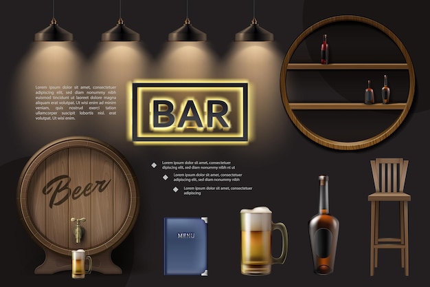 Vettore composizione realistica degli elementi del pub con le bottiglie delle lampade del menu della sedia di vetro della birra del barilotto di legno sull'insegna al neon degli scaffali