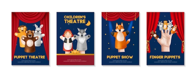 Vector realistic puppet theater performance poster set with cute finger and hand toys red curtains on blue background isolated vector illustration