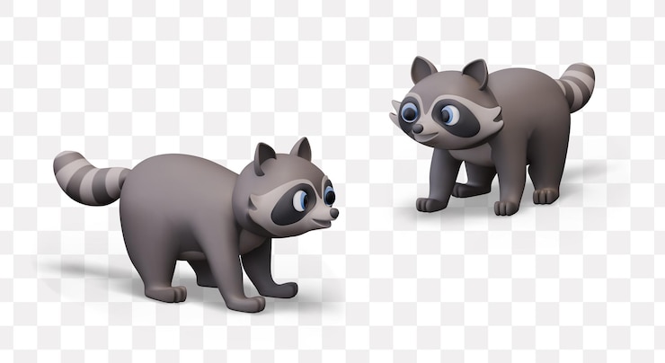 Vector realistic raccoon view from different sides funny wild animal with striped tail