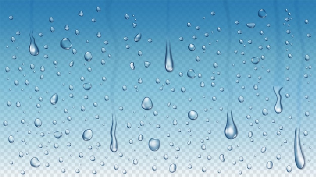 Realistic rain drops on window glass, steam shower condensation. raining water droplets, clear raindrops on transparent vector background. blue gradient backdrop with flowing blobs