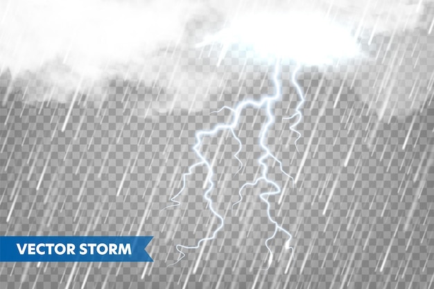 벡터 투명한 배경에 구름과 번개와 함께 현실적인 비 천둥 폭풍우 폭풍우 날씨