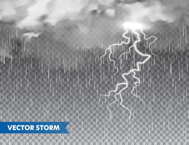 Vector realistic rain with clouds and lightning on transparent background thunderstorm stormy weather