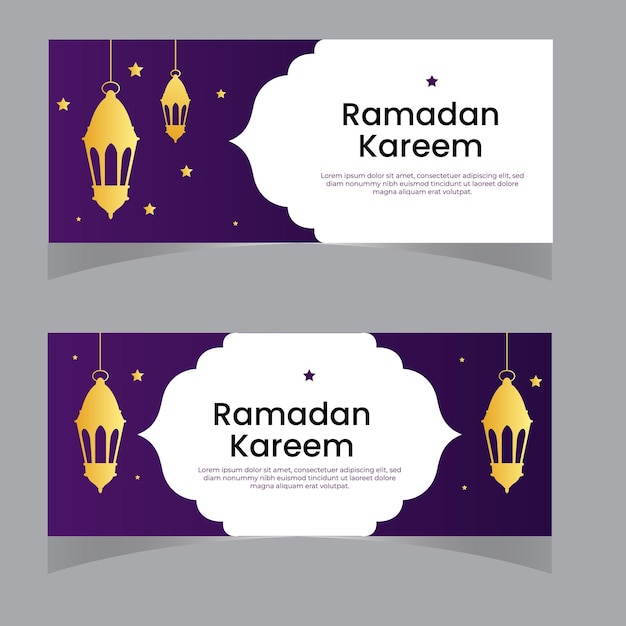 Realistic Ramadan Kareem Background with moon and lantern ornament in top islamic frame Premium