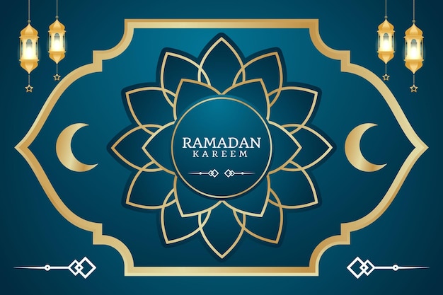 Realistic ramadan kareem dark blue banner vector design with lantern and frame