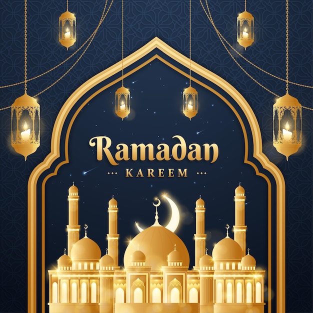 Realistic ramadan kareem illustration with mosque and candle lanterns
