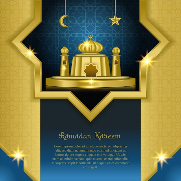 Realistic ramadan kareem islamic background with gold and blue 3d mosque