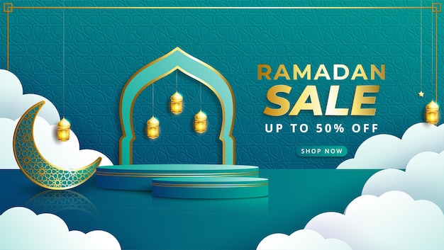Реалистичный баннер продажи рамадан карим с 3d-подиумом и рамкой для скидок