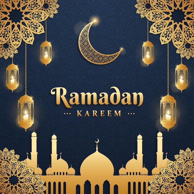 Realistic ramadan kareem with candle lanterns and three dimensional arabic ornamental