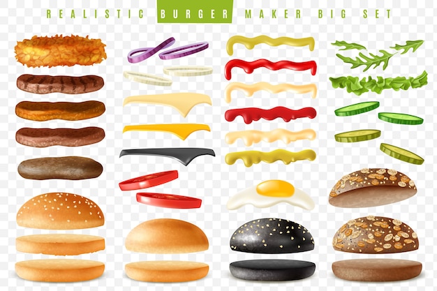 Realistic ready burgers maker set with isolated elements