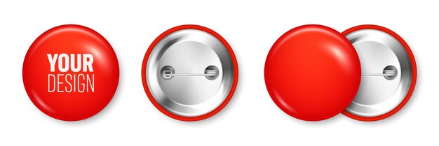 Realistic red blank badge 3d glossy round button pin badge mockup vector illustration