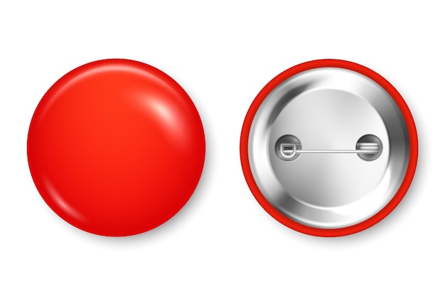 Realistic red blank badge 3d glossy round button pin badge mockup vector illustration