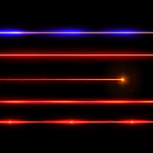 Realistic red and blue laser rays on black background