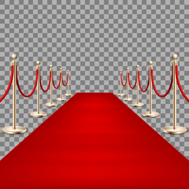 Вектор Реалистичная красная ковровая дорожка между веревочными барьерами.