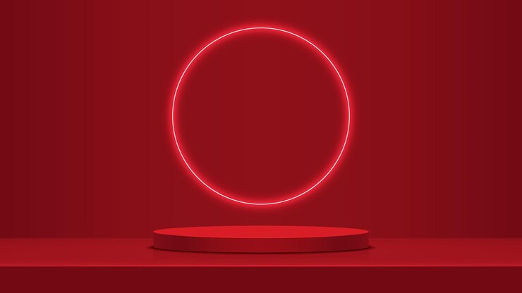 Vector realistic red cylindrical 3d podium with neon circle for the presentation and presentation of goods