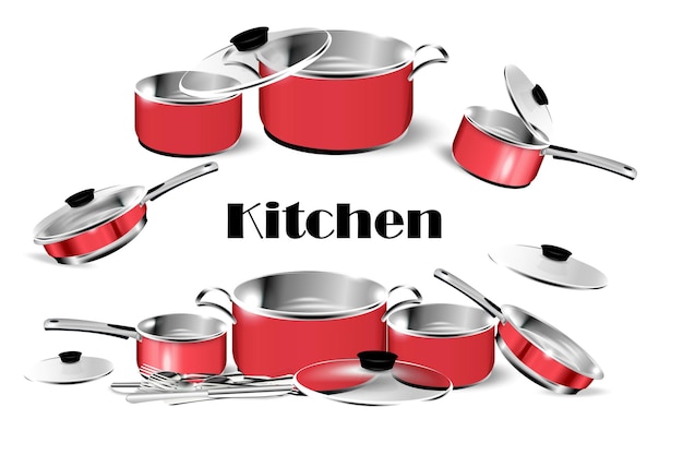 Realistic red dishes steel cooking pots with cape metal saucepan and skillet isolated cookware vector image 3d chrome frying pan and kitchen utensil