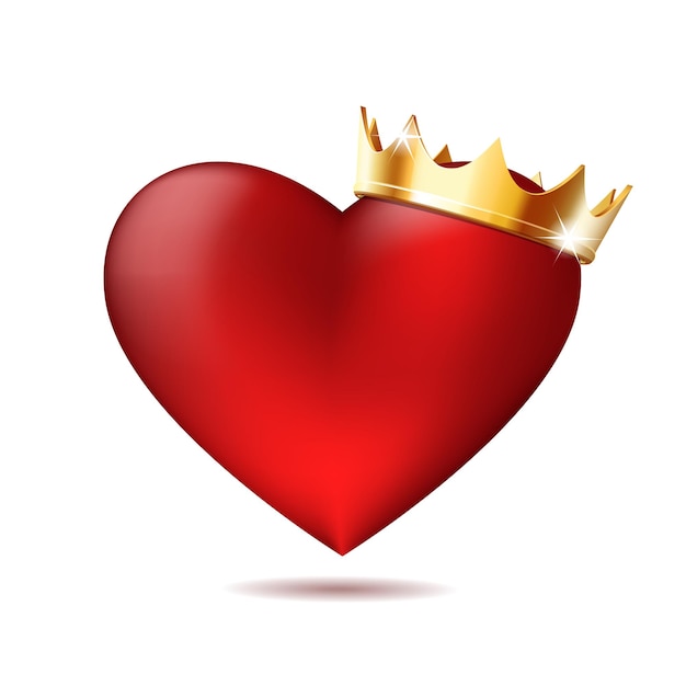 Realistic red elegant heart with golden crown king happy valentines day card symbol of love